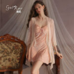 Fashion Flounce Sleeve Sweet Sexy Push-Up Padded Cami Slip Dress with Robe Loungewear Set 5937 - Image 4