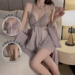 Sexy Ice Silk Plus Size Loungewear Set, Padded Push-Up Slip Dress with Bow & Outer Robe P3945