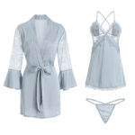 Autumn Satin Padded Cami Slip Dress, Women Sexy Deep V Tie Robe Loungewear Set 1170 - Image 4