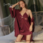 Autumn Satin Padded Cami Slip Dress, Women Sexy Deep V Tie Robe Loungewear Set 1170 - Image 2