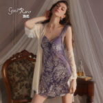 Fashion Flounce Sleeve Sweet Sexy Push-Up Padded Cami Slip Dress with Robe Loungewear Set 5937