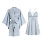 Sexy Pure Style Lace Solid Color Cami Slip Dress, Tie Front Morning Robe Loungewear Set 1690 - Image 5