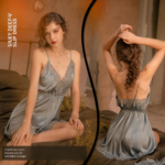 Deep V Lace Cami Slip Dress & Thong Set