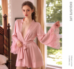 Soft Satin Lace Robe with Belt - Image 17