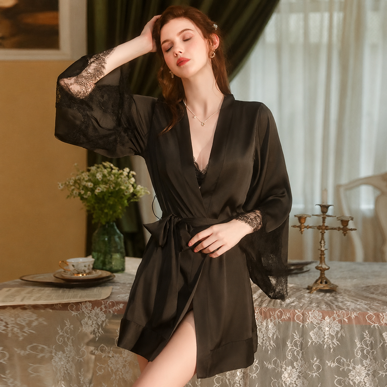 D66680EA-18B1-4E3A-B418-C756527F3C41 Soft Satin Lace Robe with Belt - Image 1